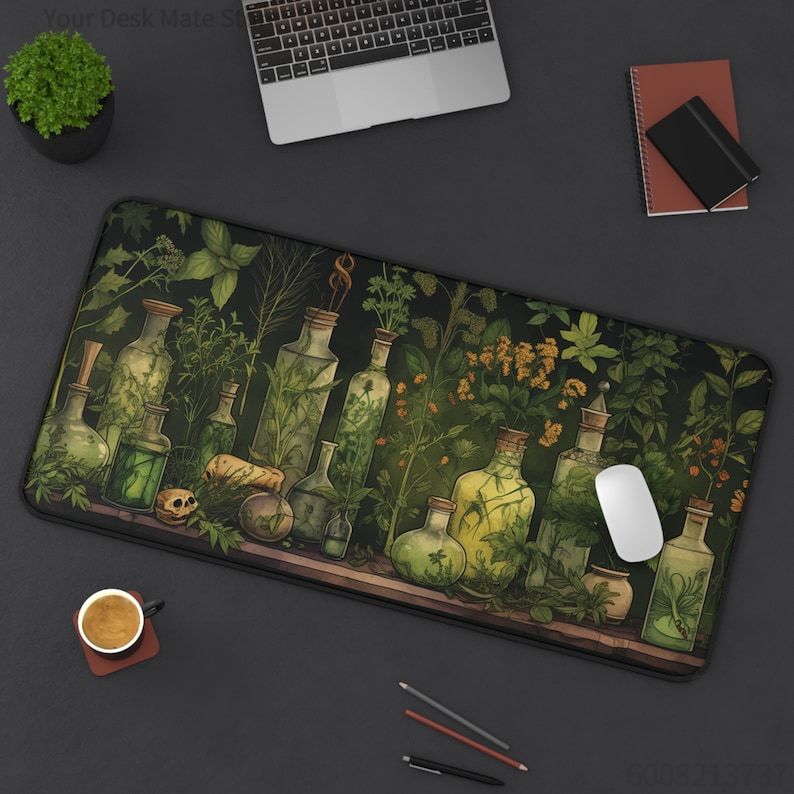 Desk Setup With Plants - Tapis de bureau vert motif plantes