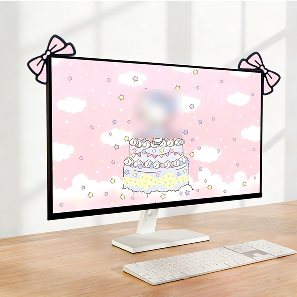 Desk Setup Monitor And Laptop - Décoration d'écran rose mignonne avec nœud,