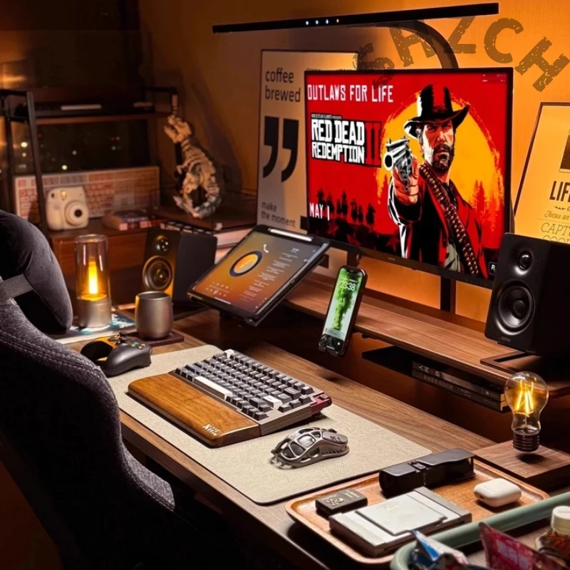 Desk Setup Monitor And Laptop - Support d'écran modulaire en noyer pour