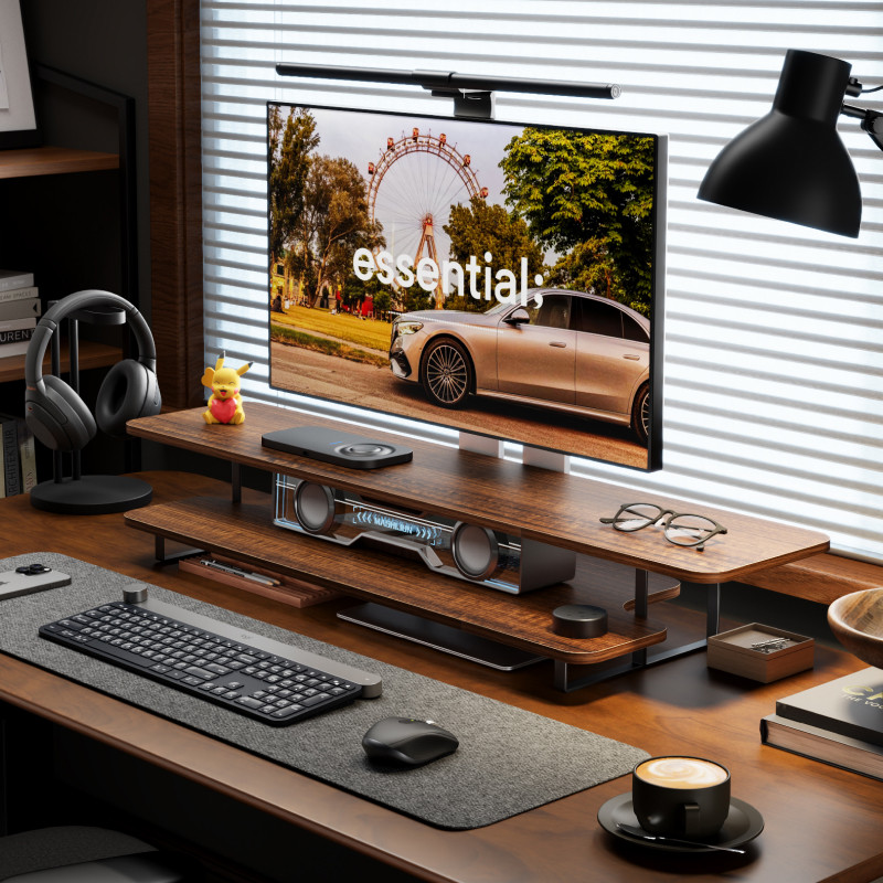 Support d'écran en noyer massi - Desk Setup Monitor And Laptop avis et prix
